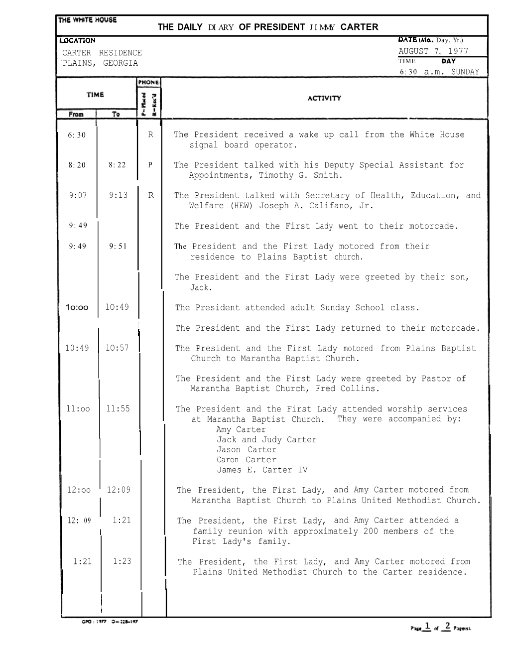 AUGUST 7, 1977 PLAINS, GEORGIA TIME DAY 6:30 A.M