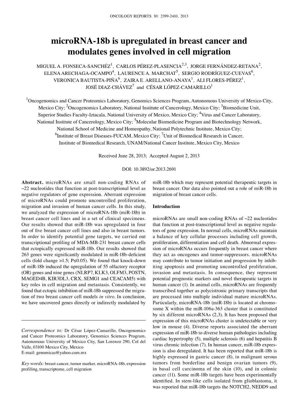 Microrna-18B Is Upregulated in Breast Cancer and Modulates Genes Involved in Cell Migration