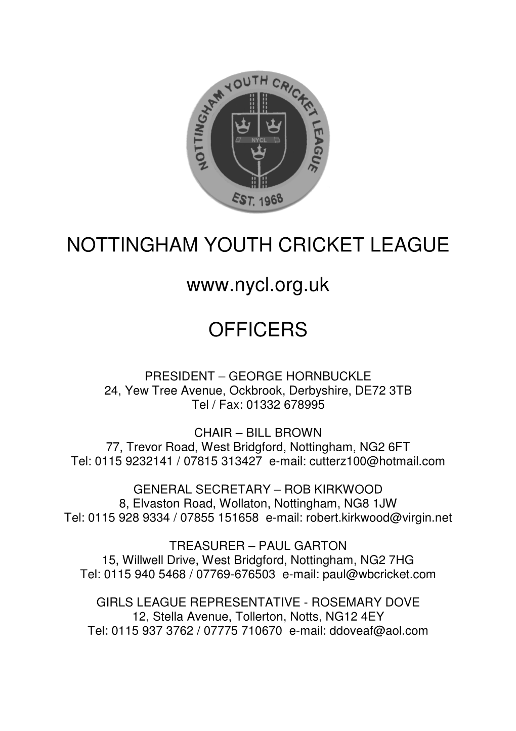 Nottingham Youth Cricket League Officers