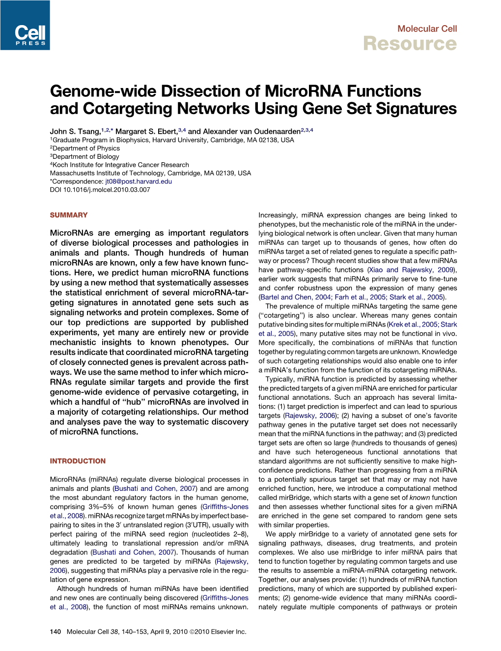 Genome-Wide Dissection of Microrna Functions and Cotargeting Networks Using Gene Set Signatures