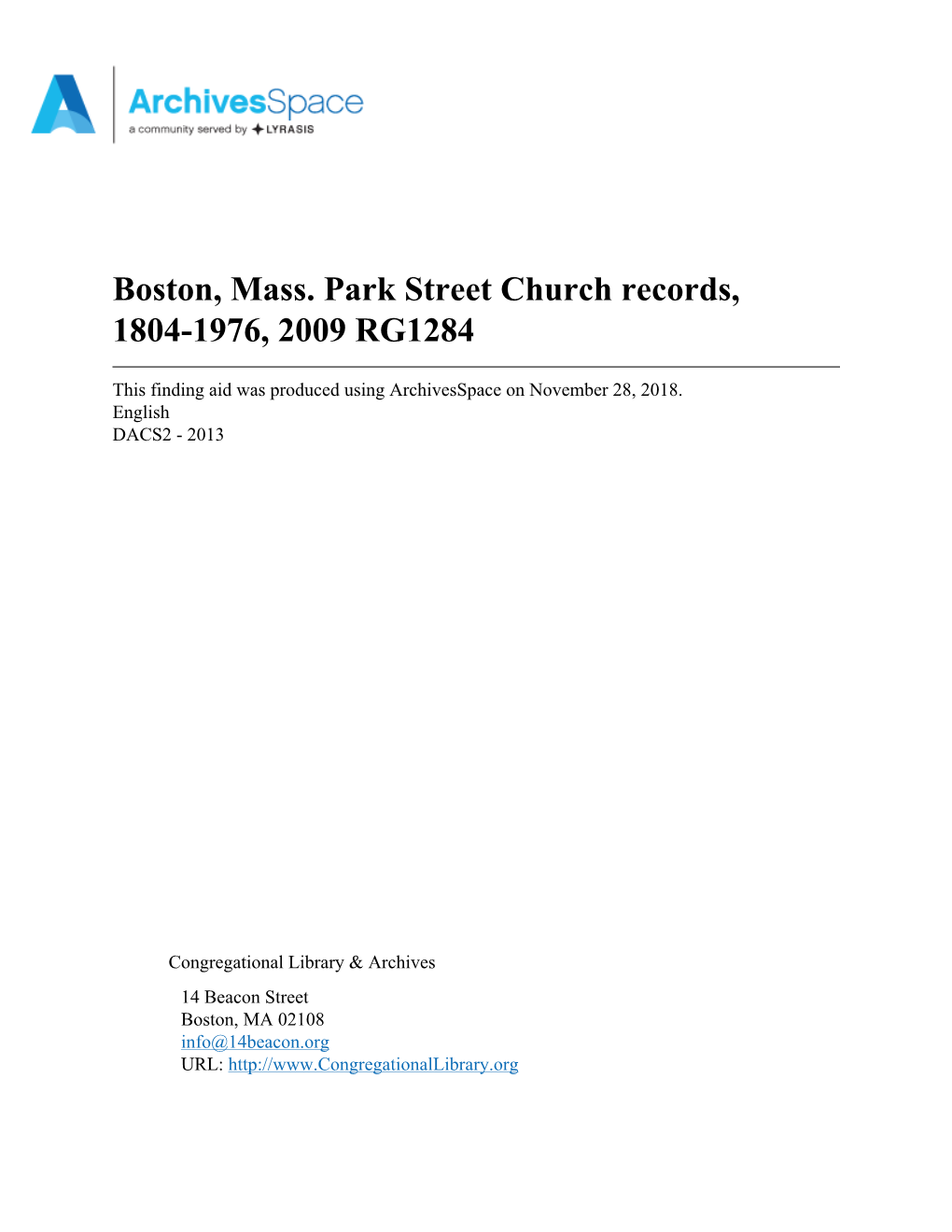 Boston, Mass. Park Street Church Records, 1804-1976, 2009 RG1284