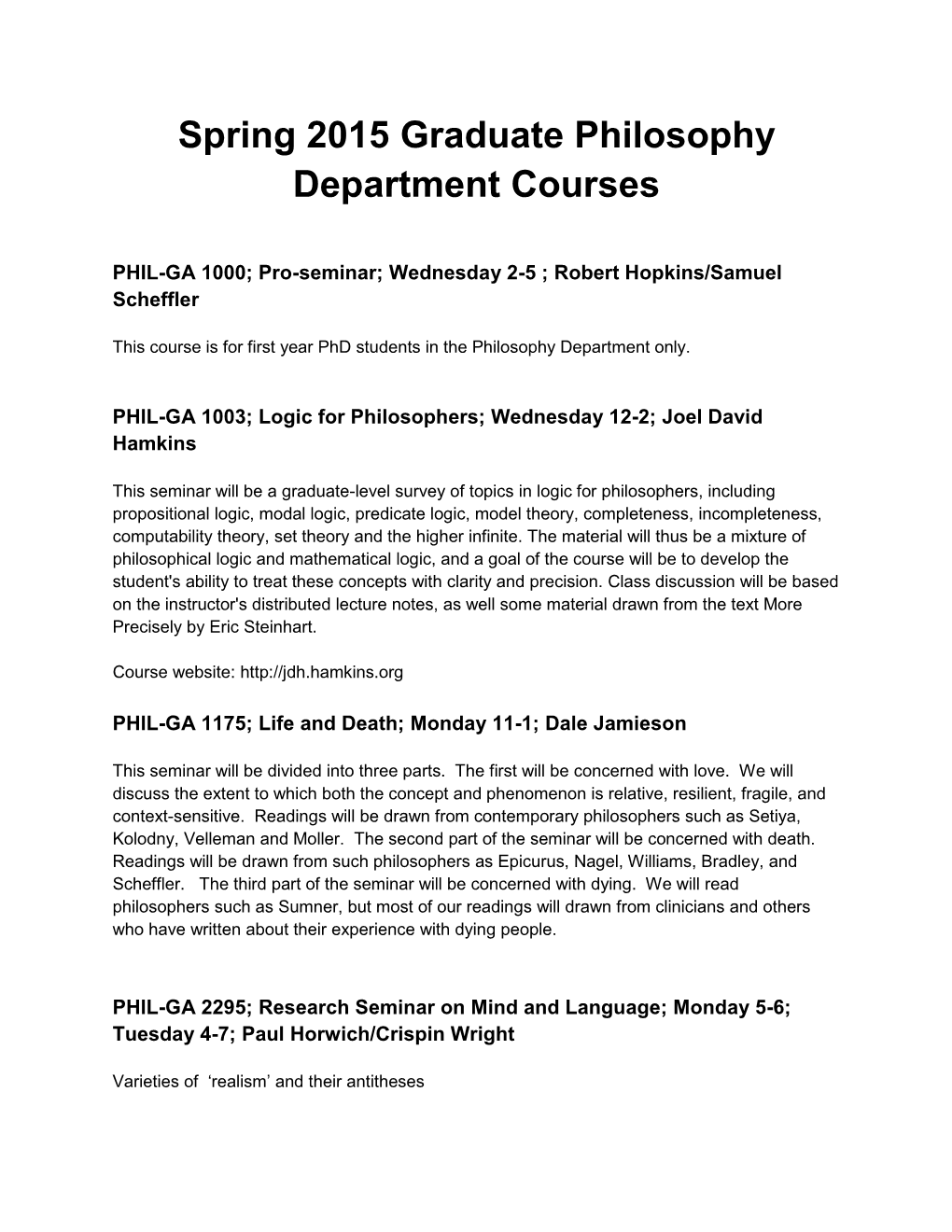Spring 2015 Graduate Philosophy Department Courses