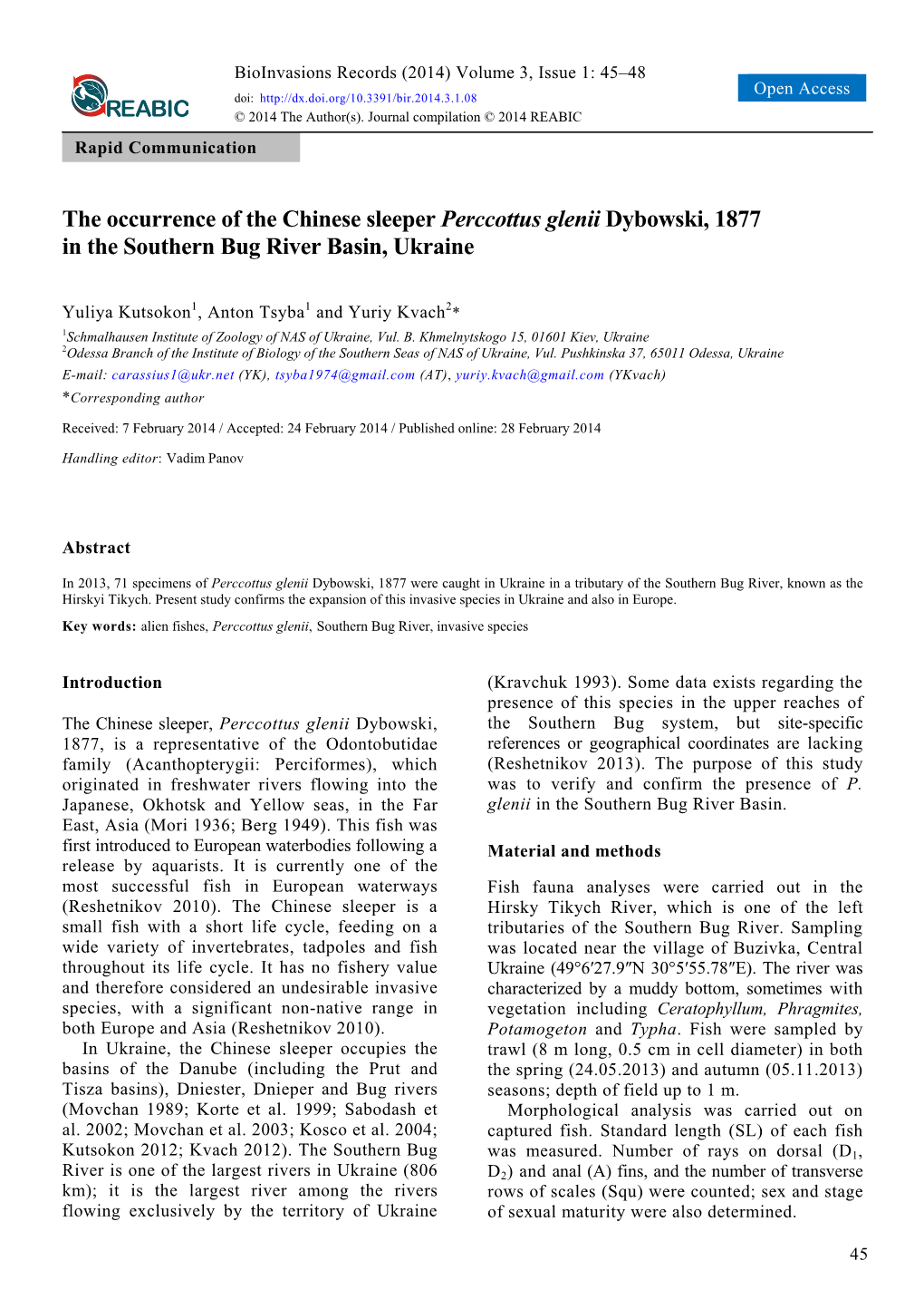 The Occurrence of the Chinese Sleeper Perccottus Glenii Dybowski, 1877 in the Southern Bug River Basin, Ukraine