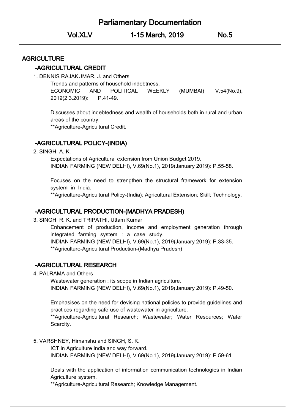 Parliamentary Documentation Vol.XLV 1-15 March, 2019 No.5