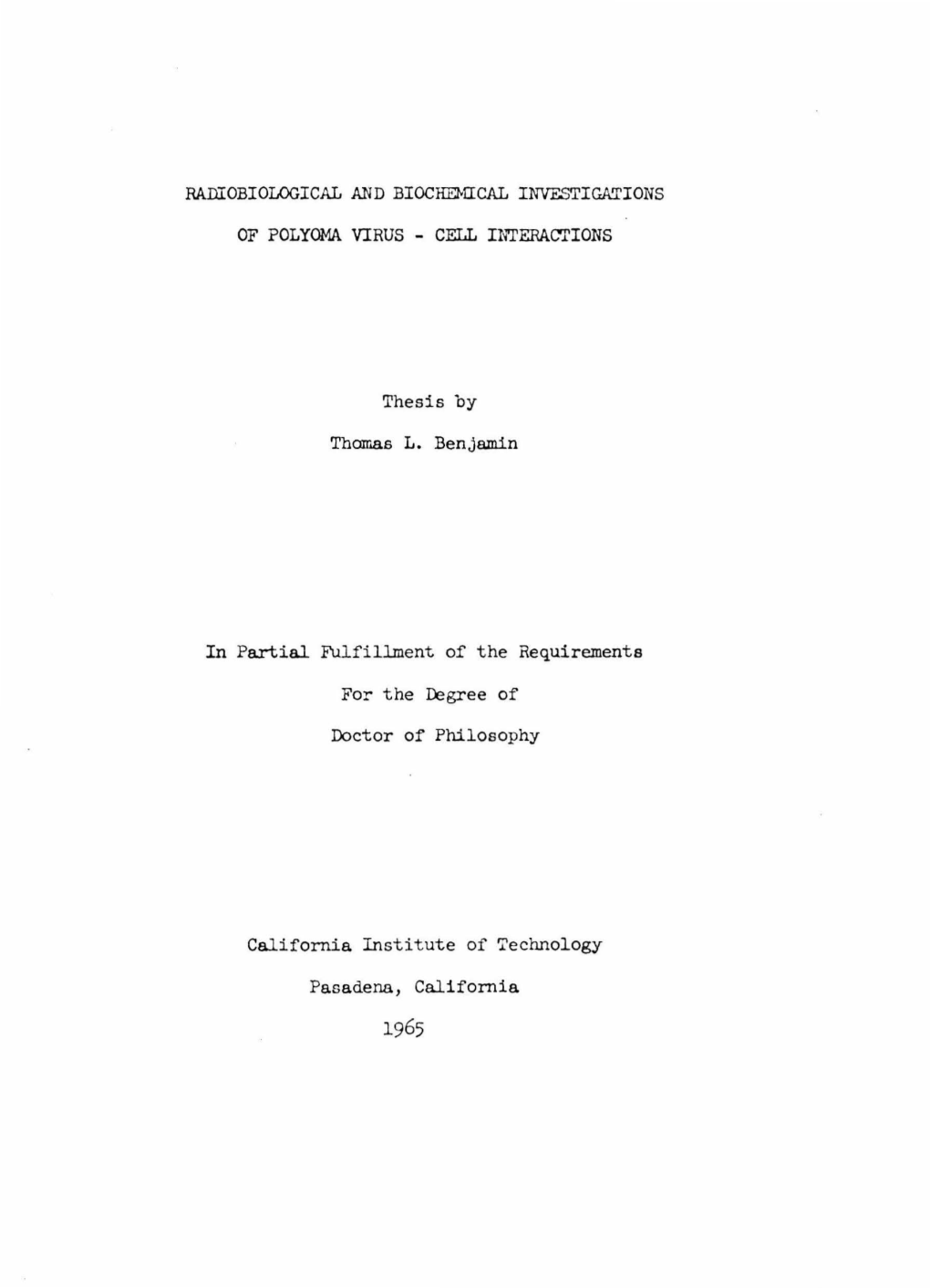 Thesis by Thomas L. Benjamin in Partial Fulfillment of The