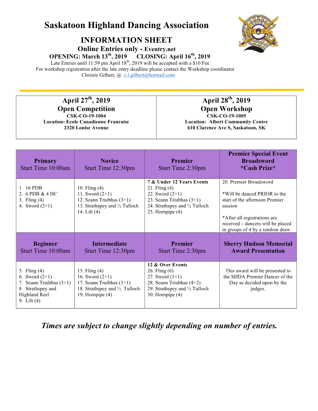 SHDA April 27Th Competition Info Sheet