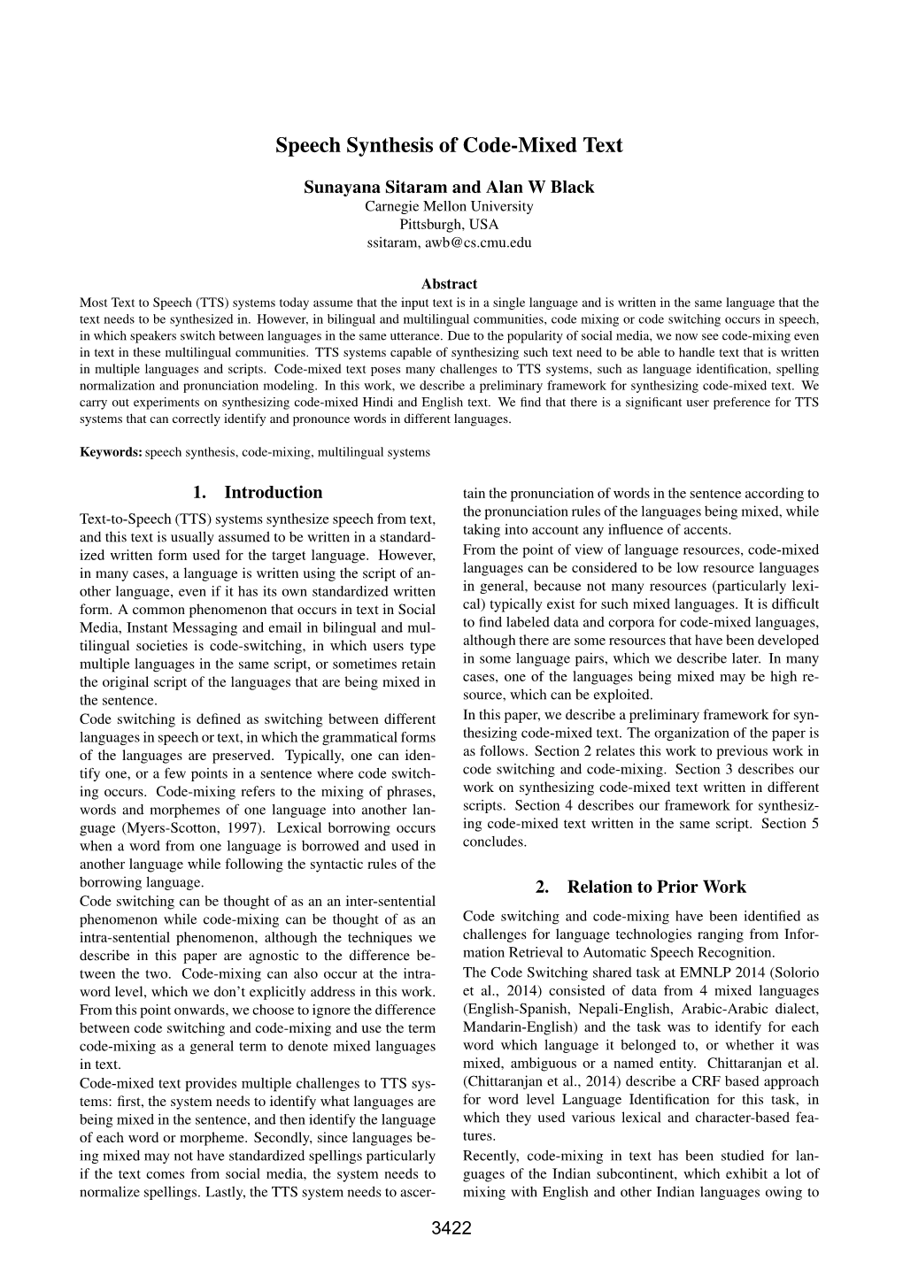 Speech Synthesis of Code-Mixed Text