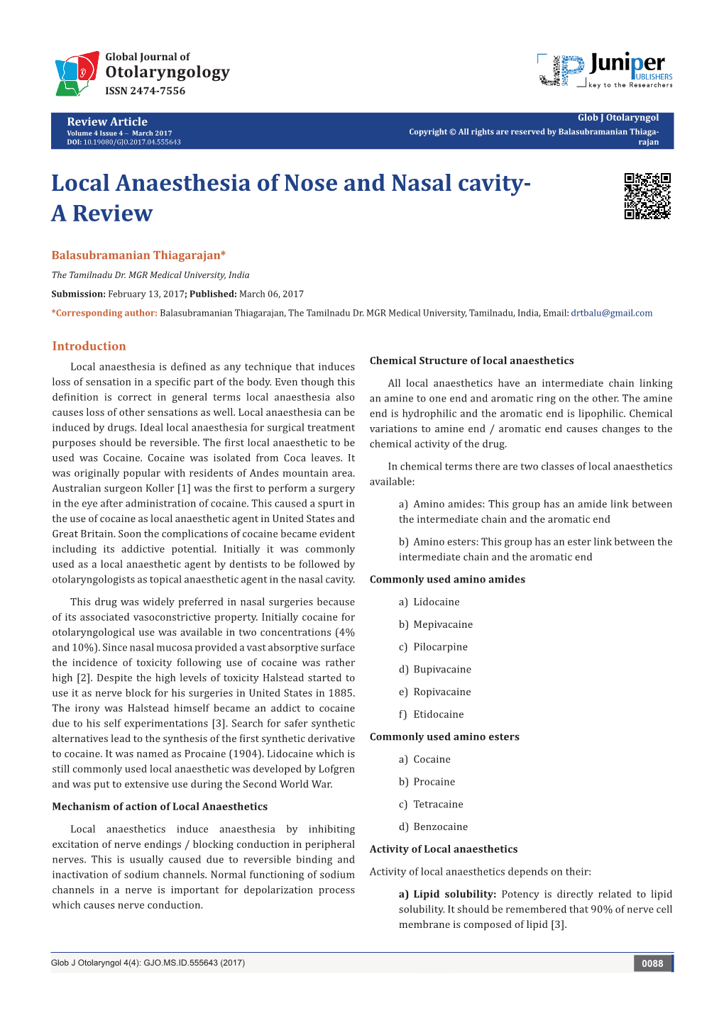 Local Anaesthesia of Nose and Nasal Cavity- a Review