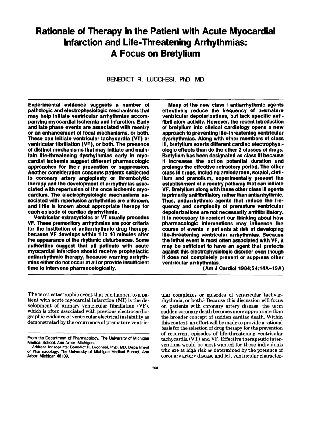 Rationale of Therapy in the Patient with Acute Myocardial Infarctionand Life-Threateningarrhythmias: a Focus on Bretylium