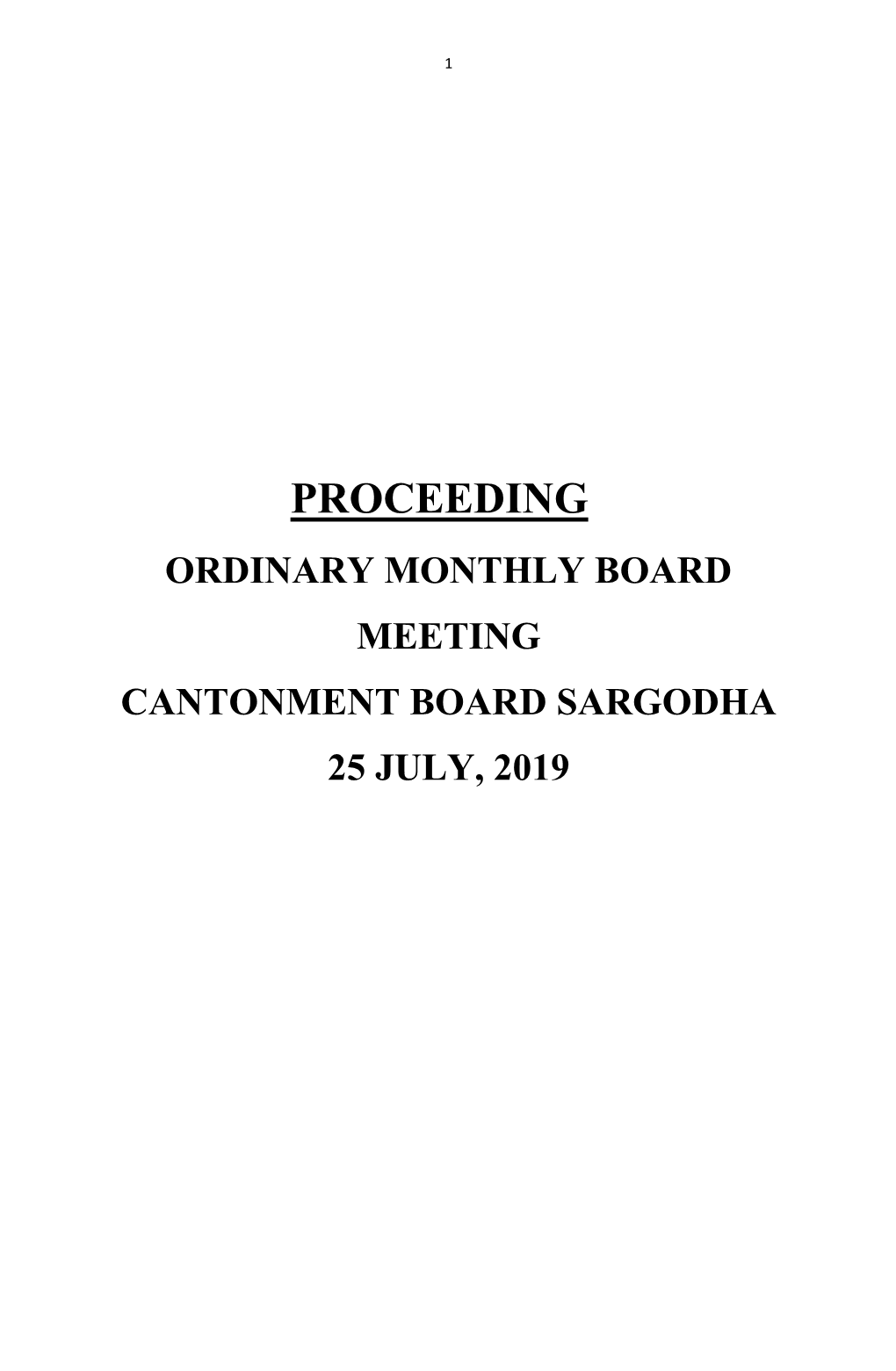 Proceeding Ordinary Monthly Board Meeting Cantonment Board Sargodha