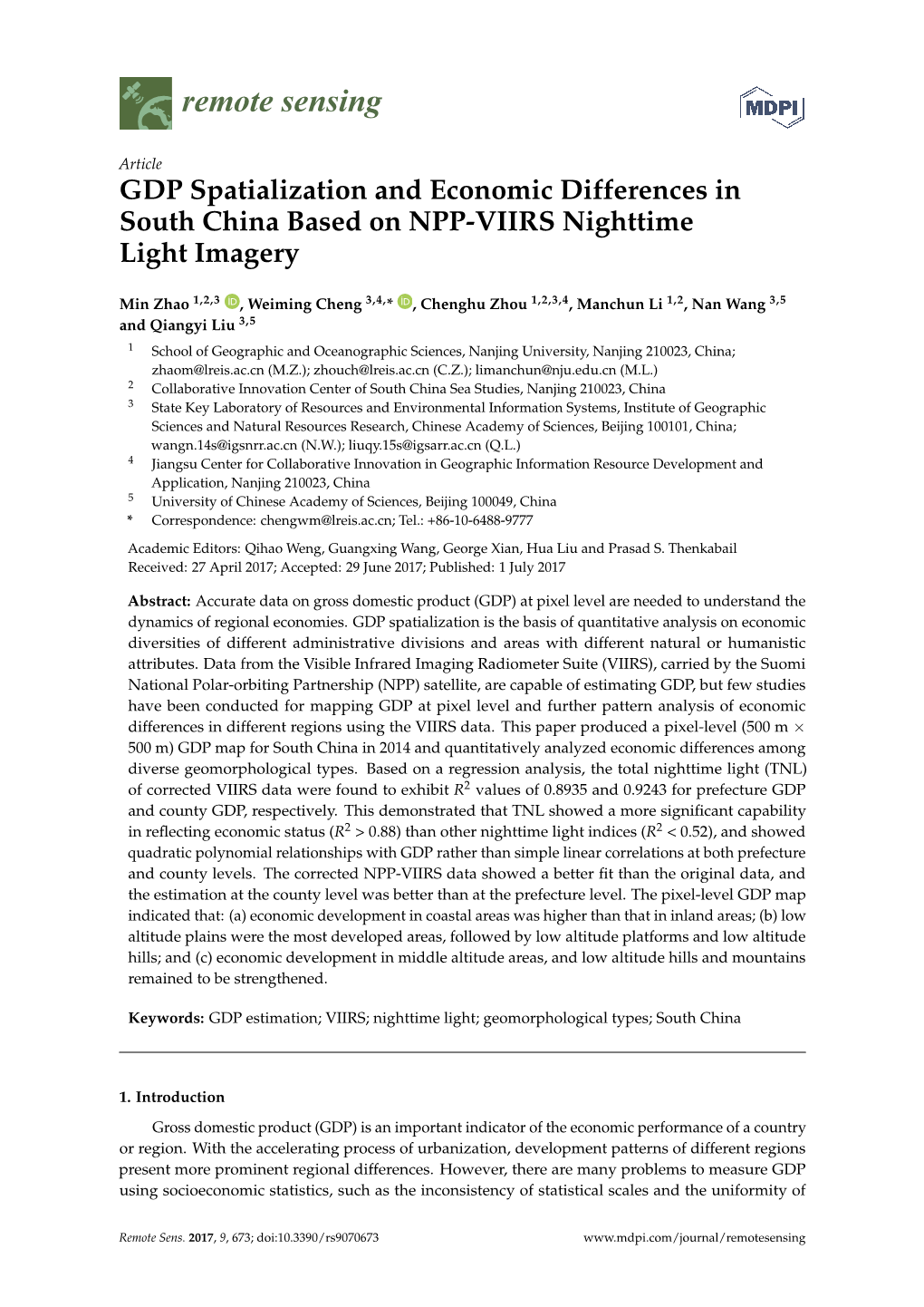 GDP Spatialization and Economic Differences in South China Based on NPP-VIIRS Nighttime Light Imagery