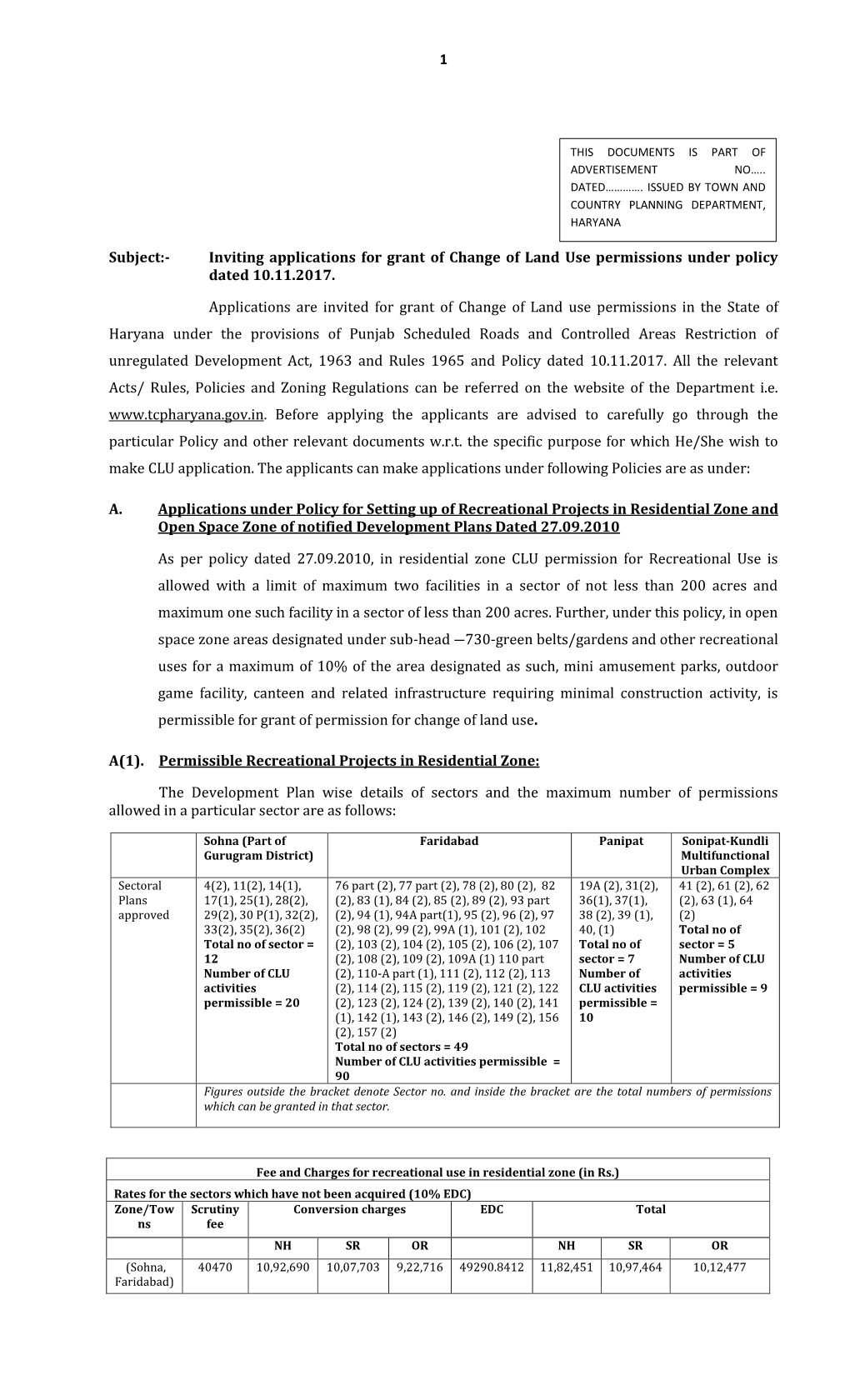Inviting Applications for Grant of Change of Land Use Permissions Under Policy Dated 10.11.2017