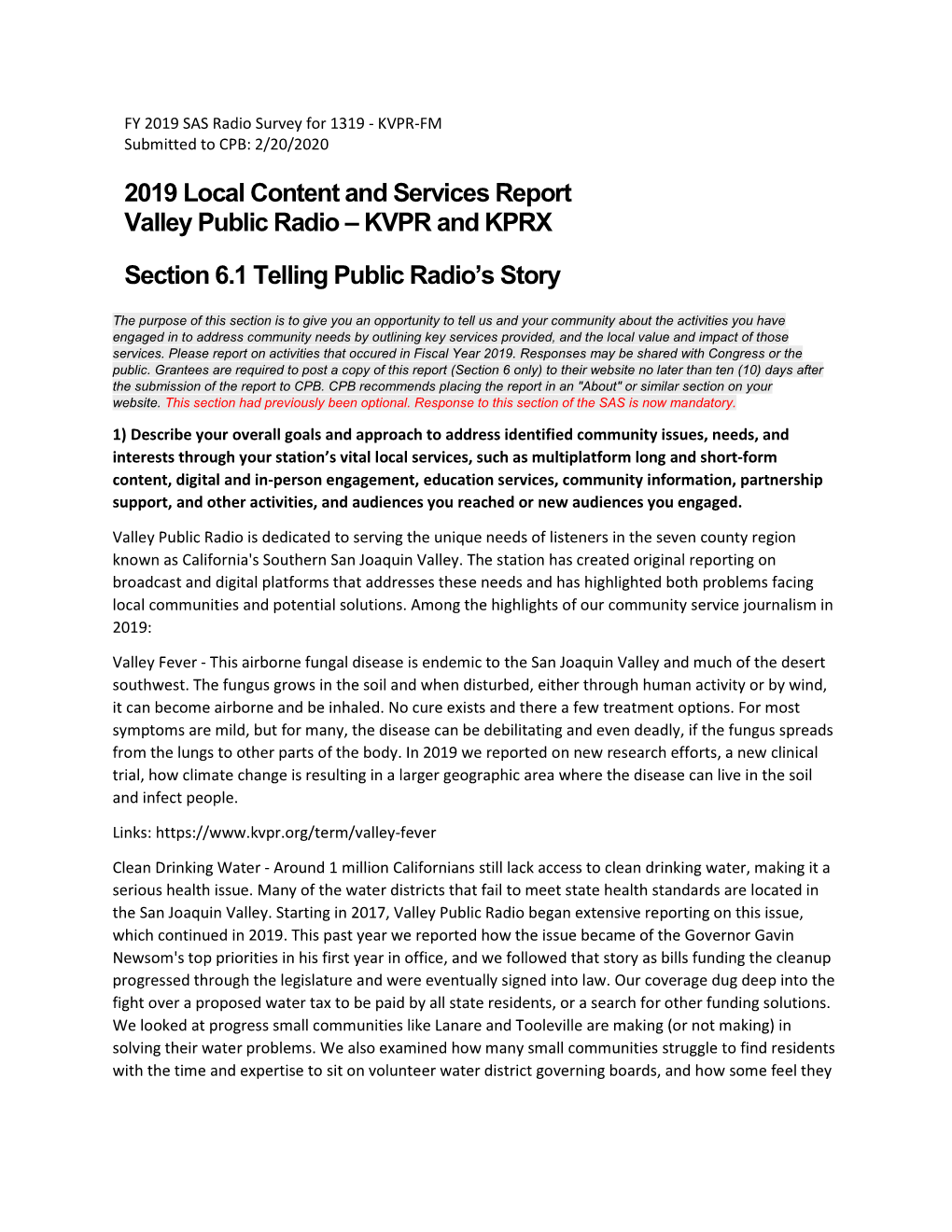 2019 Local Content and Services Report Valley Public Radio – KVPR and KPRX