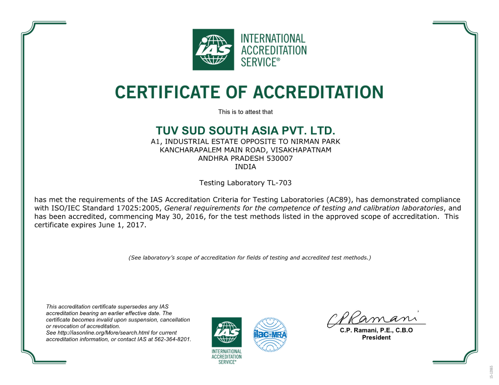 TL-703 -- TUV SUD South Asia Pvt. Ltd.(Andhra Pradesh, India)