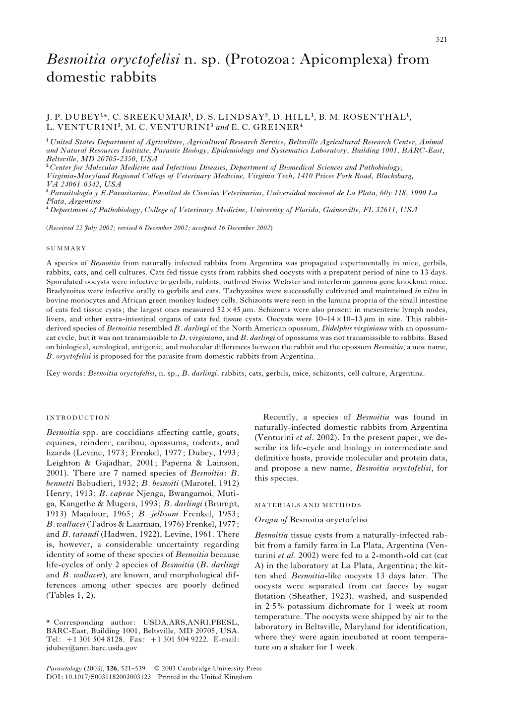 Besnoitia Oryctofelisi N. Sp. (Protozoa: Apicomplexa) from Domestic Rabbits