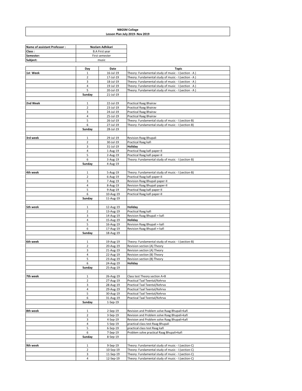 Day Date Topic 1St Week 1 16-Jul-19 Theory: Fundamental Study of Music