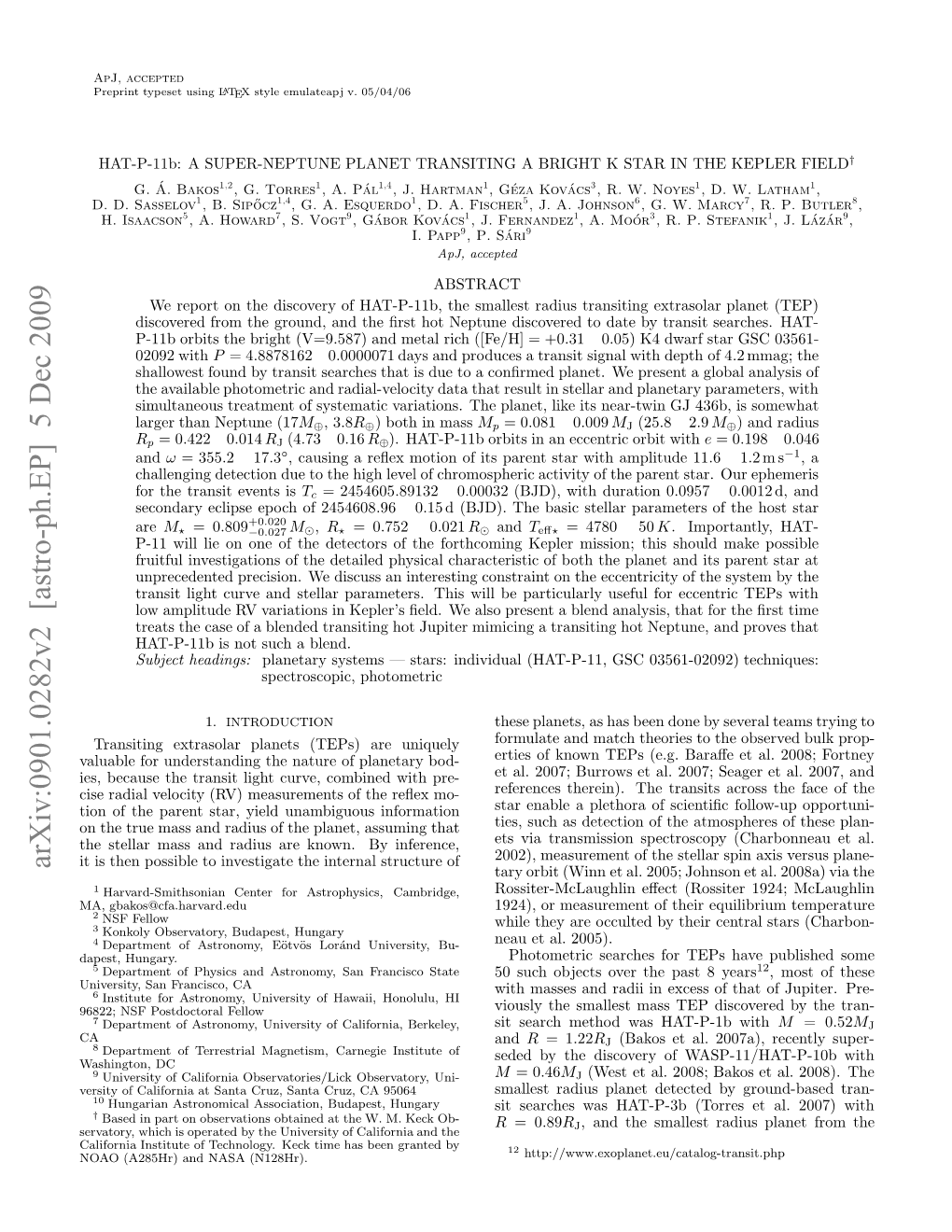 Arxiv:0901.0282V2 [Astro-Ph.EP] 5 Dec 2009 H Tla Asadrdu R Nw.B Inference, of by Structure Internal the Known