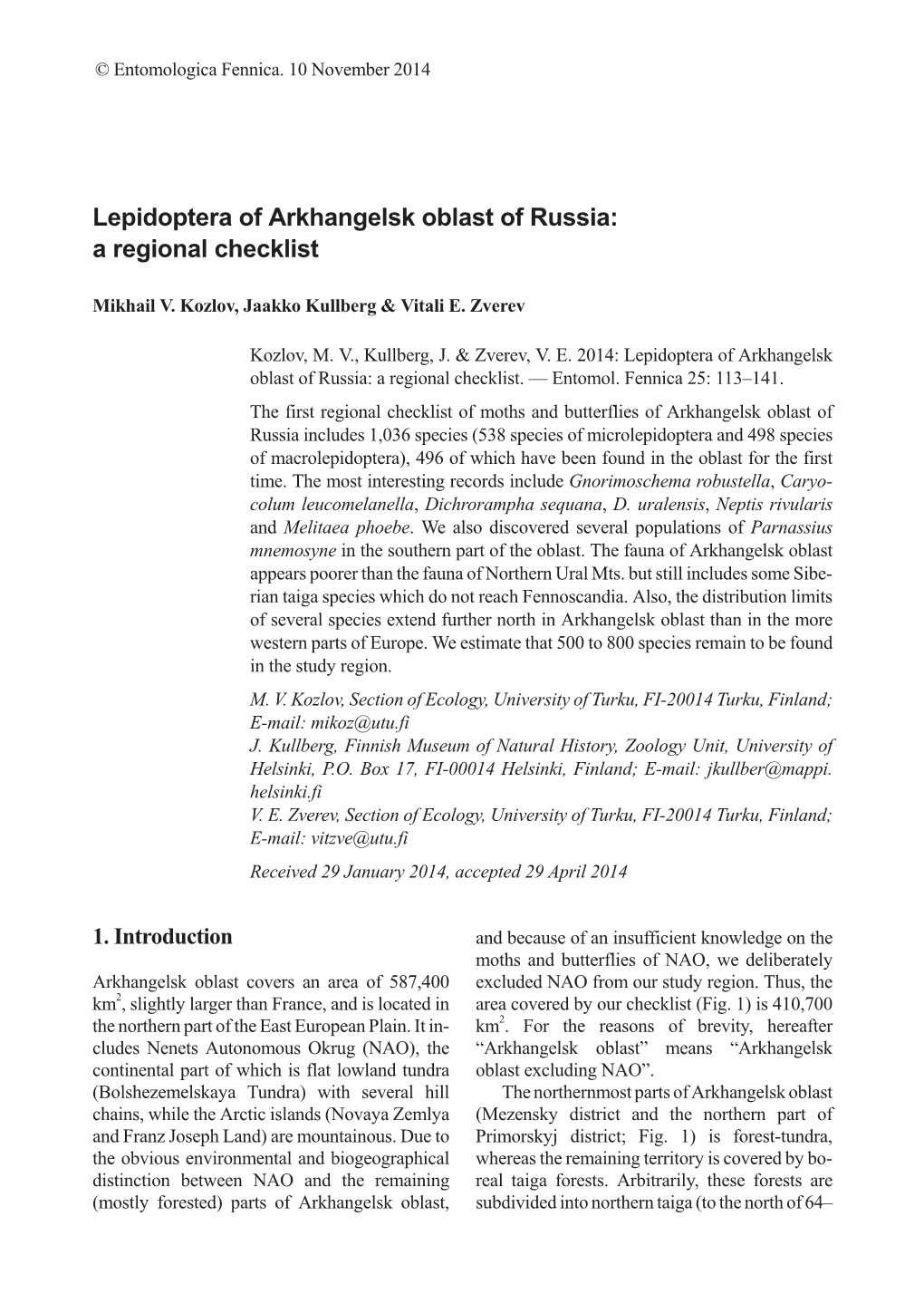 Lepidoptera of Arkhangelsk Oblast of Russia: a Regional Checklist