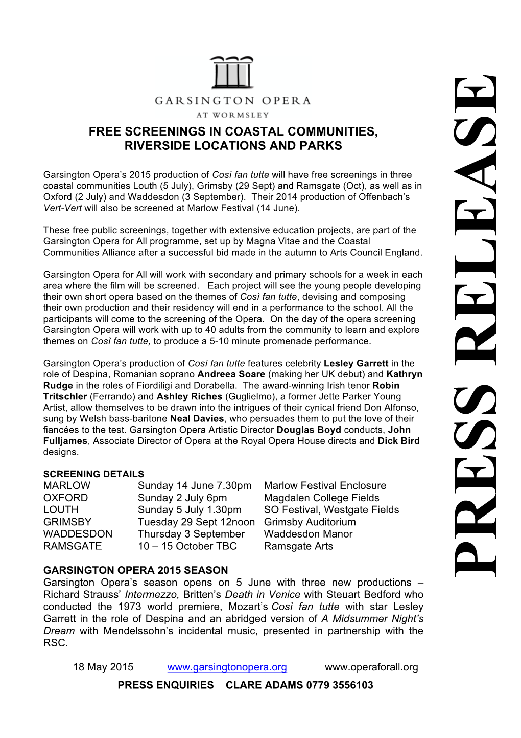 Free Screenings in Coastal Communities, Riverside Locations and Parks