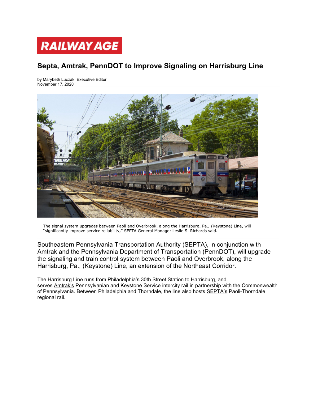 Septa, Amtrak, Penndot to Improve Signaling on Harrisburg Line by Marybeth Luczak, Executive Editor November 17, 2020