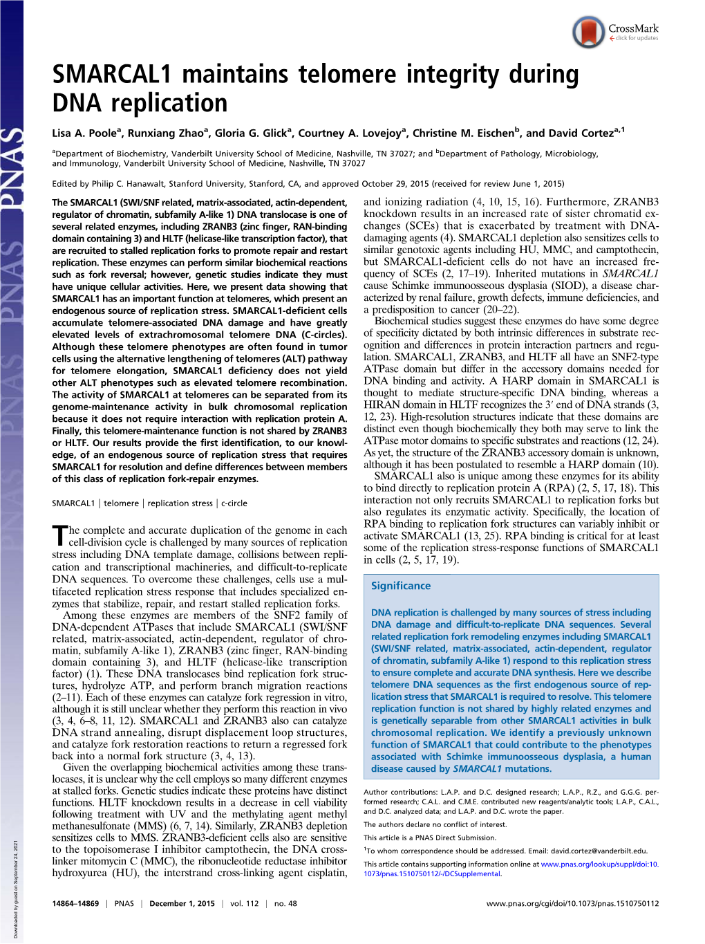 SMARCAL1 Maintains Telomere Integrity During DNA Replication