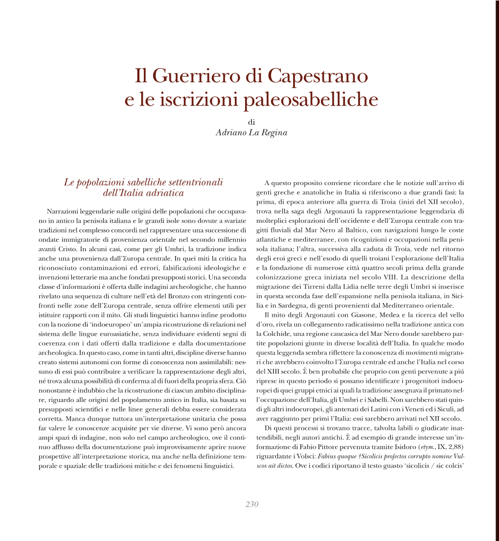 Il Guerriero Di Capestrano E Le Iscrizioni Paleosabelliche Di Adriano La Regina