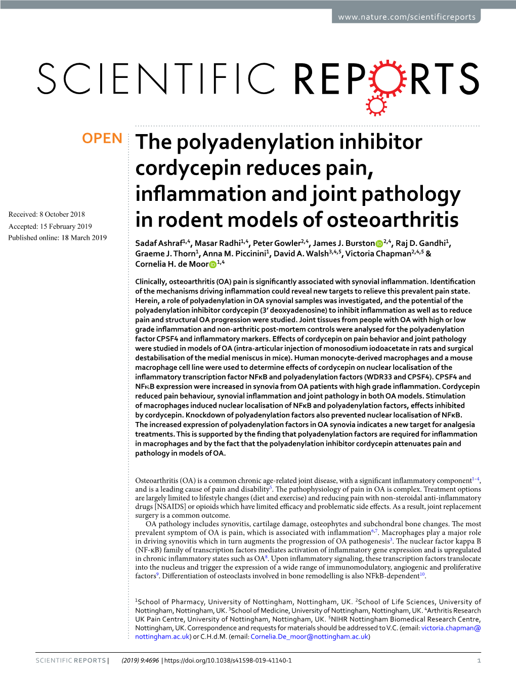 The Polyadenylation Inhibitor Cordycepin Reduces Pain