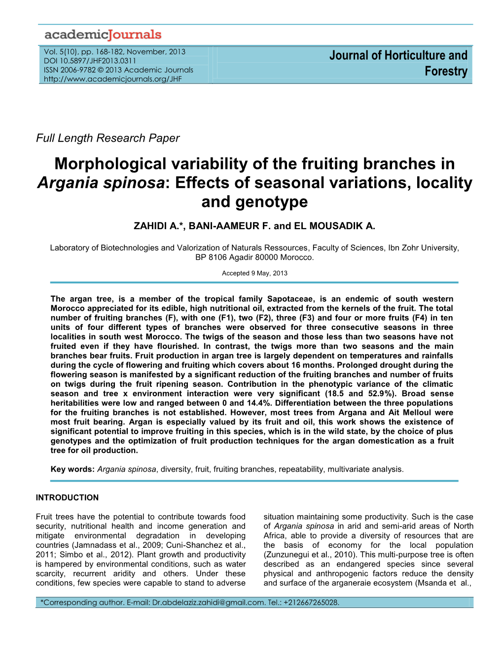 Morphological Variability of the Fruiting Branches in Argania Spinosa: Effects of Seasonal Variations, Locality and Genotype