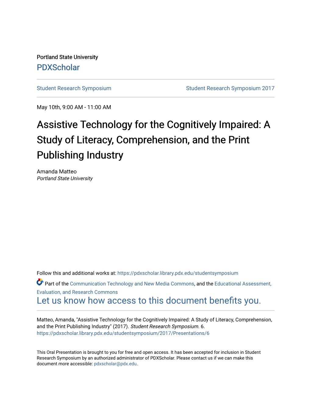 Assistive Technology for the Cognitively Impaired: a Study of Literacy, Comprehension, and the Print Publishing Industry