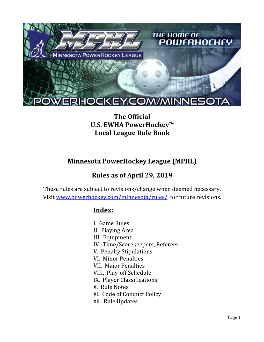 2019 Minnesota Powerhockey League Official Rule Book