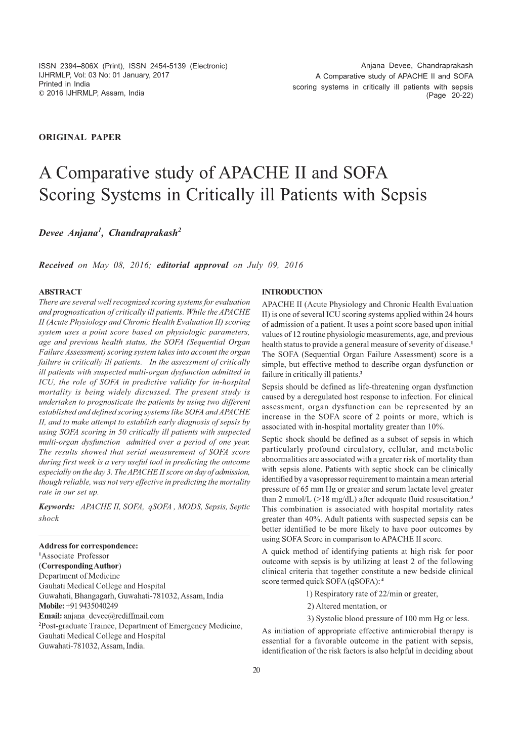 A Comparative Study of APACHE II and SOFA Scoring Systems in Critically Ill Patients with Sepsis