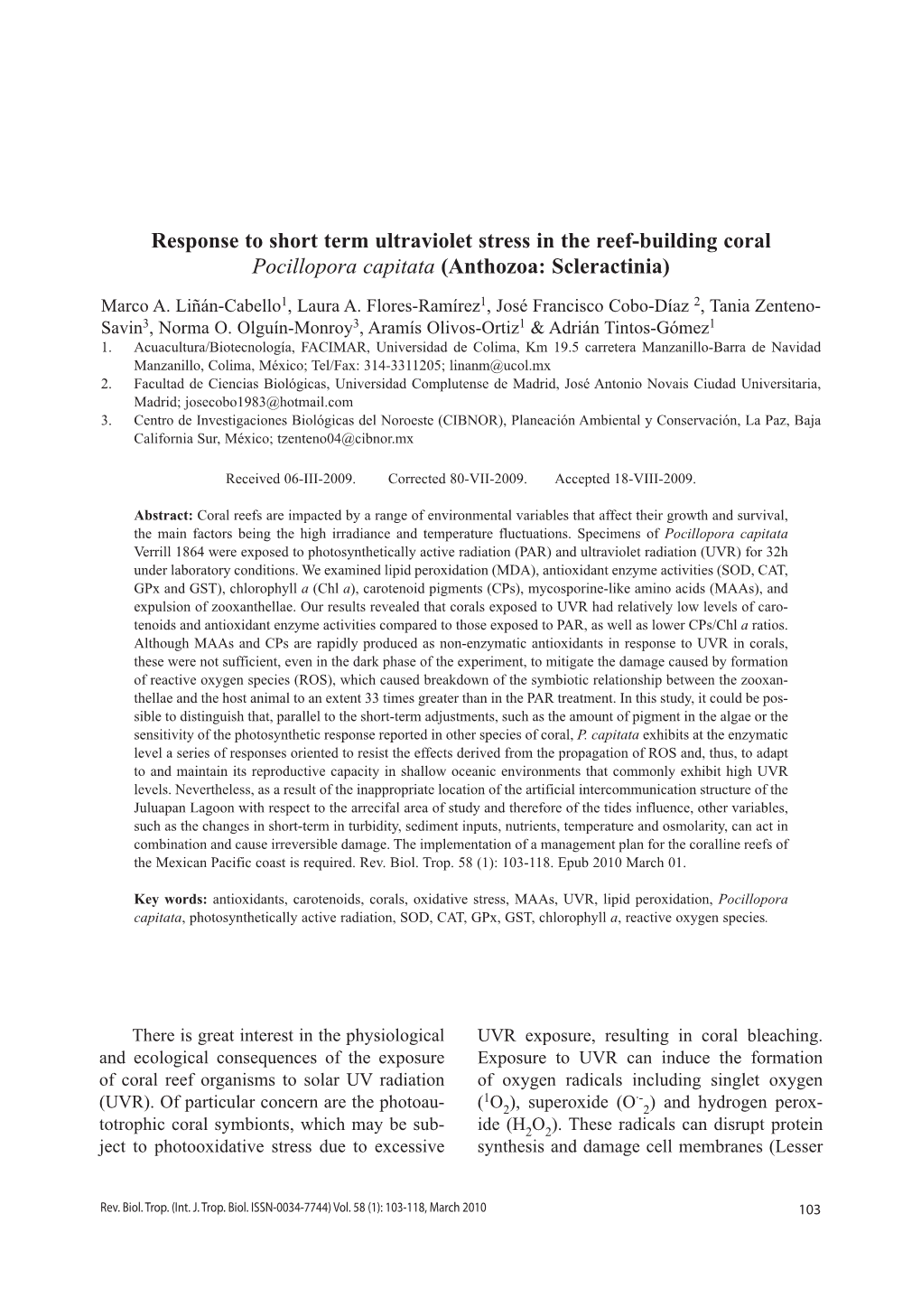 Response to Short Term Ultraviolet Stress in the Reef-Building Coral Pocillopora Capitata (Anthozoa: Scleractinia)