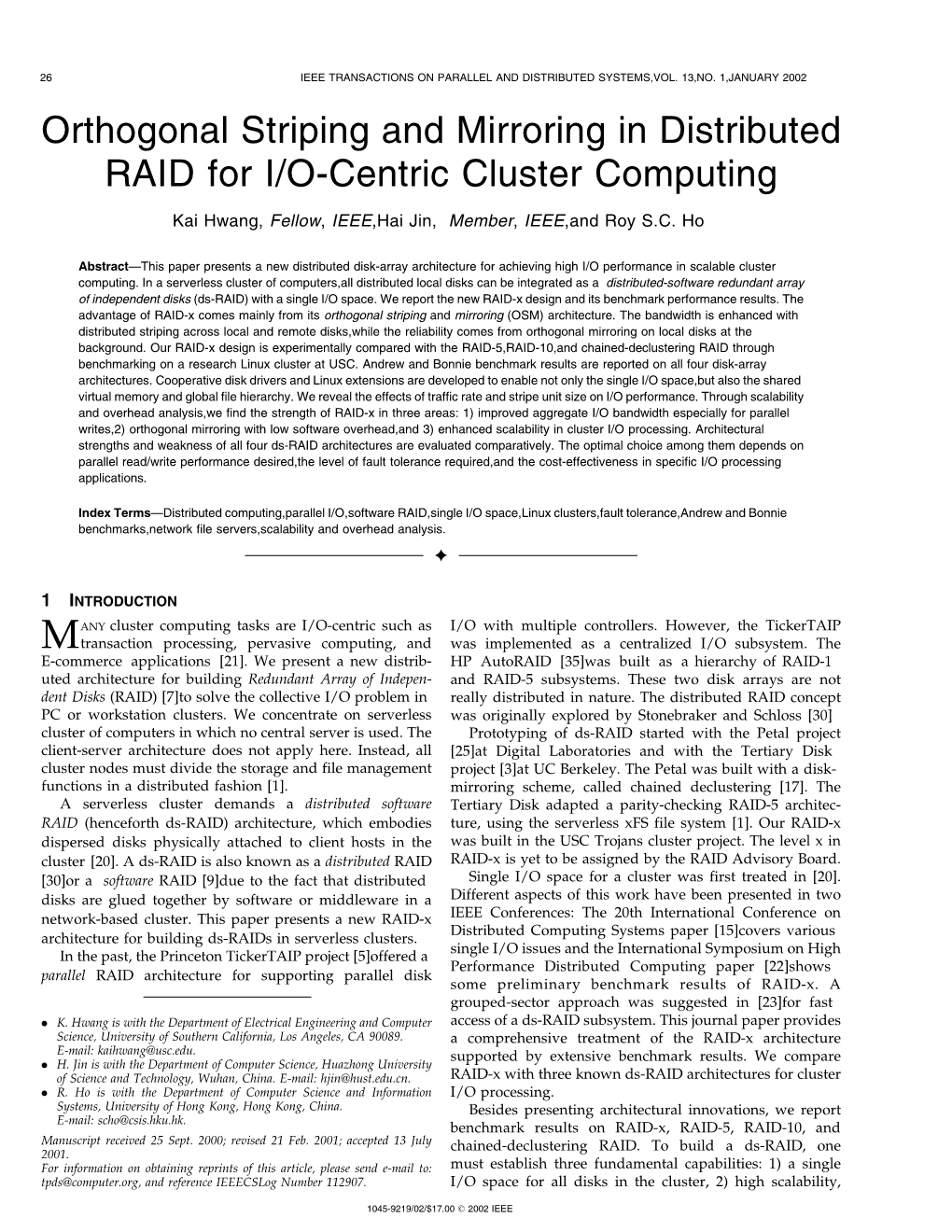 Orthogonal Striping and Mirroring in Distributed RAID for I/O-Centric Cluster Computing