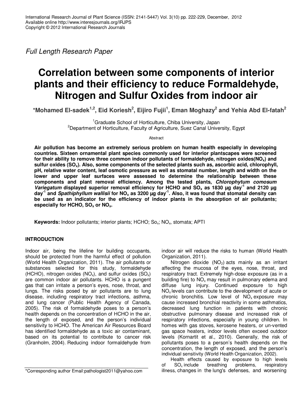 Correlation Between Some Components of Interior Plants and Their Efficiency to Reduce Formaldehyde, Nitrogen and Sulfur Oxides from Indoor Air