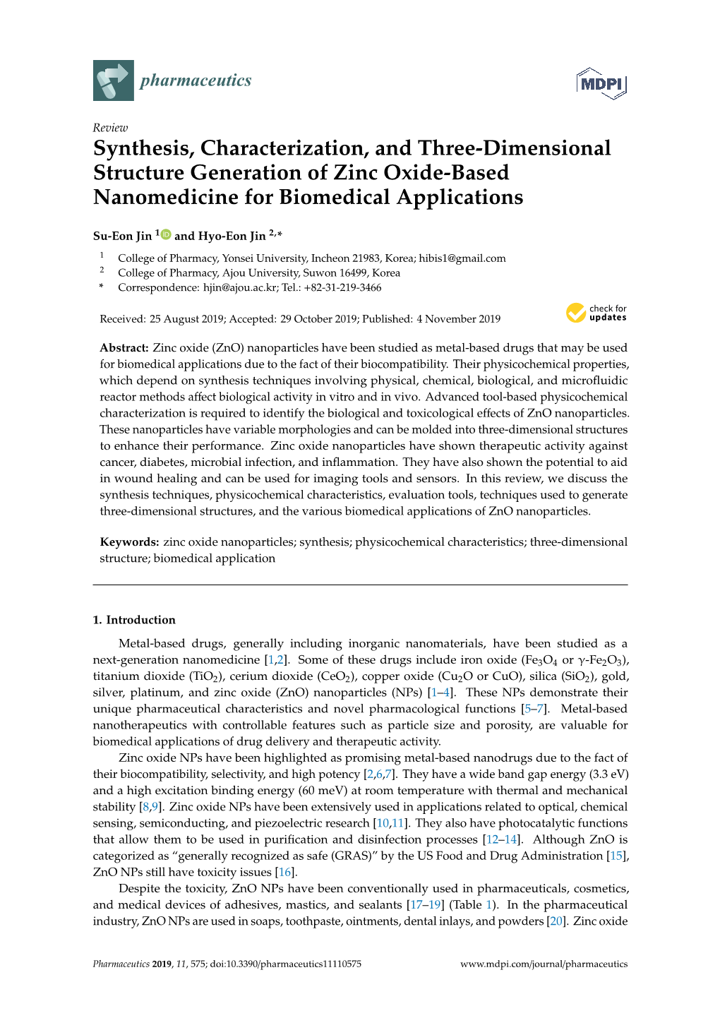 Synthesis, Characterization, and Three-Dimensional Structure Generation of Zinc Oxide-Based Nanomedicine for Biomedical Applications