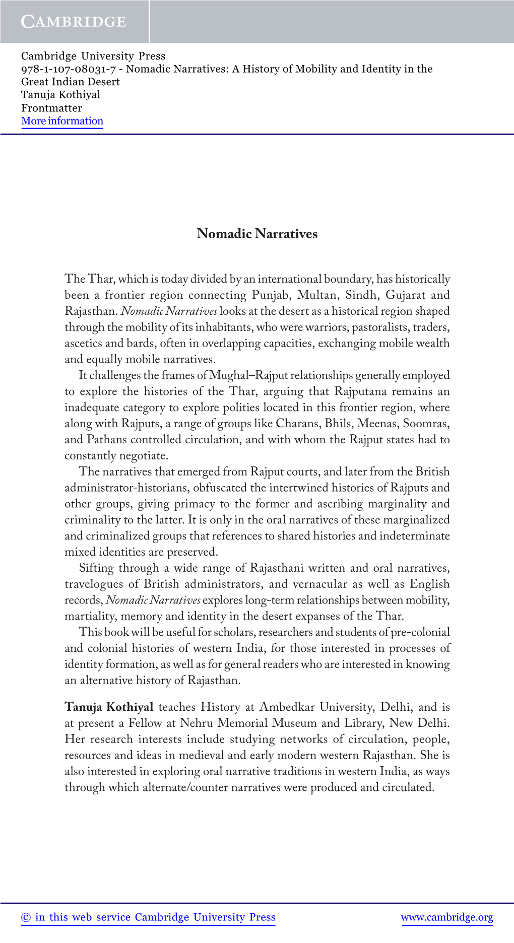 Nomadic Narratives: a History of Mobility and Identity in the Great Indian Desert Tanuja Kothiyal Frontmatter More Information