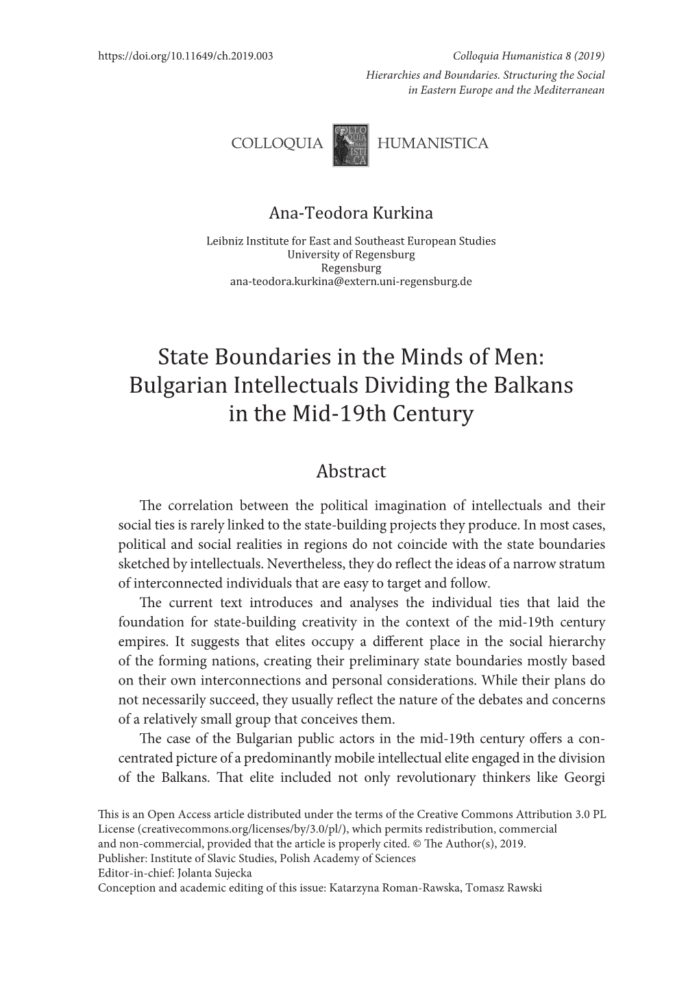 State Boundaries in the Minds of Men: Bulgarian Intellectuals Dividing the Balkans in the Mid-19Th Century