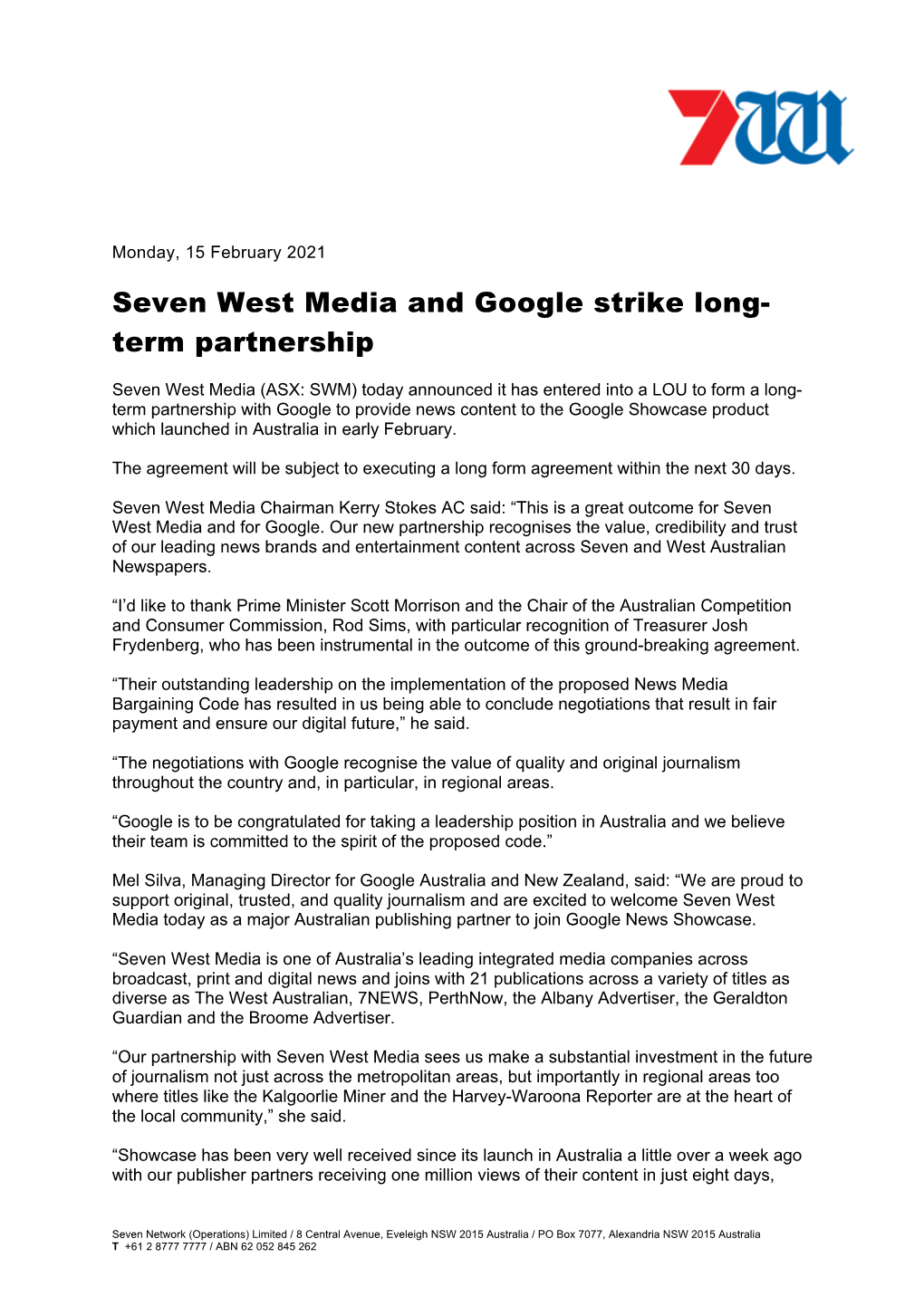 Seven West Media and Google Strike Long- Term Partnership