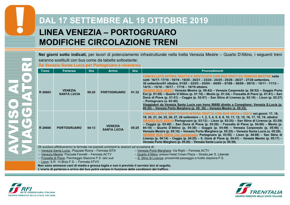 Linea Venezia – Portogruaro Modifiche Circolazione Treni