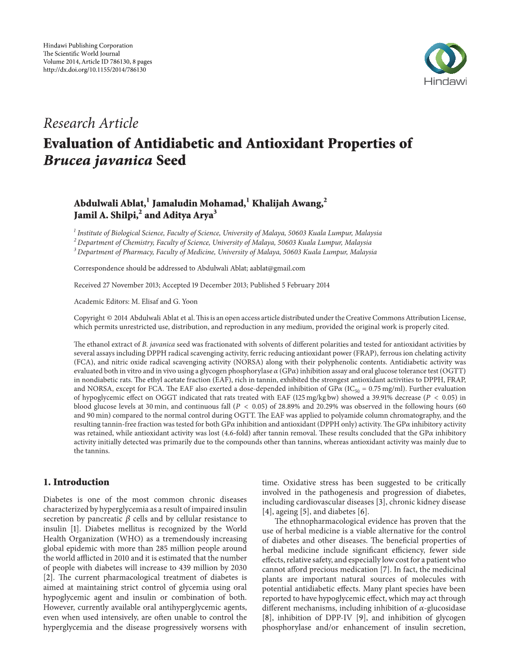 Research Article Evaluation of Antidiabetic and Antioxidant Properties of Brucea Javanica Seed