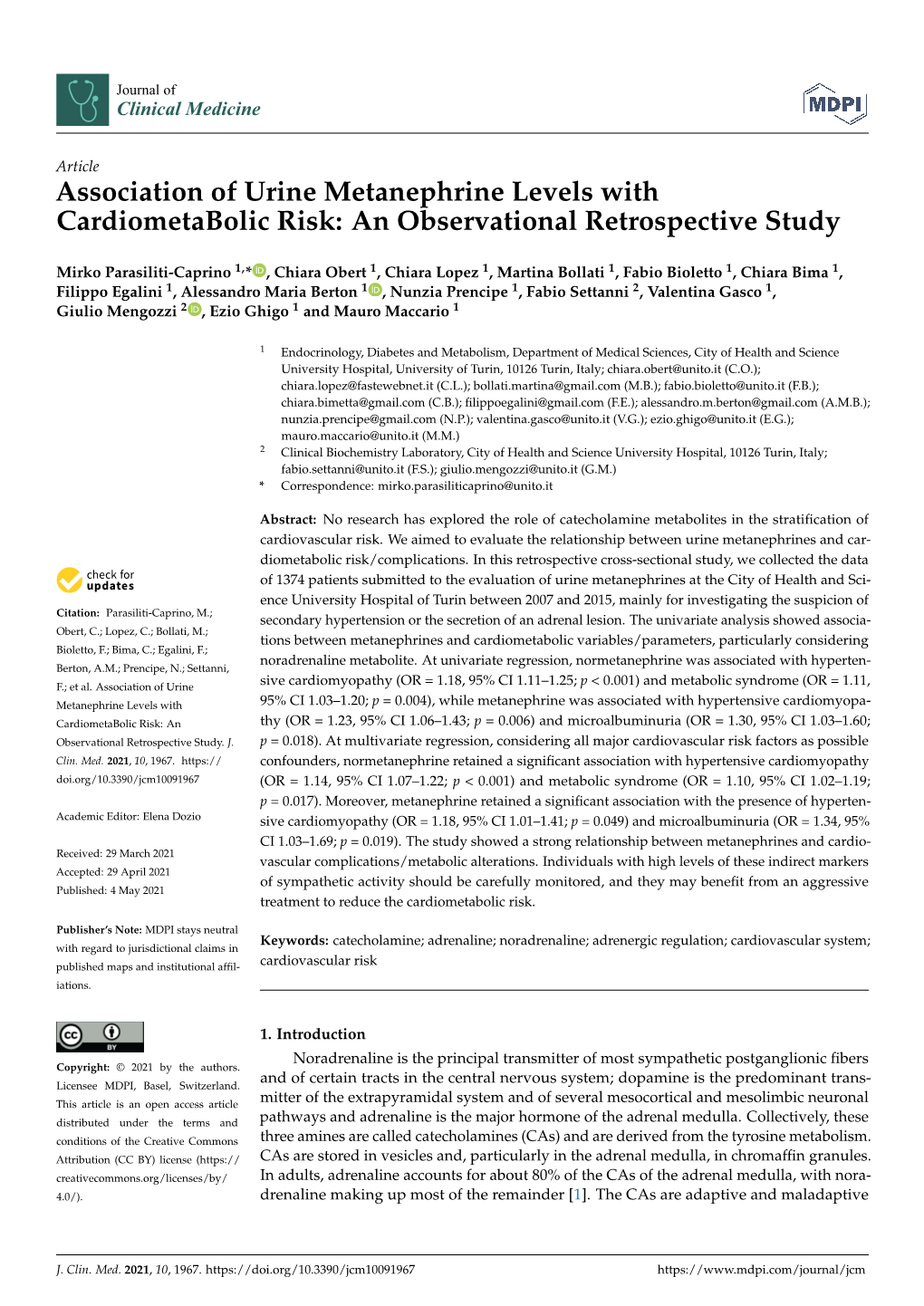 Association of Urine Metanephrine Levels with Cardiometabolic Risk: an Observational Retrospective Study