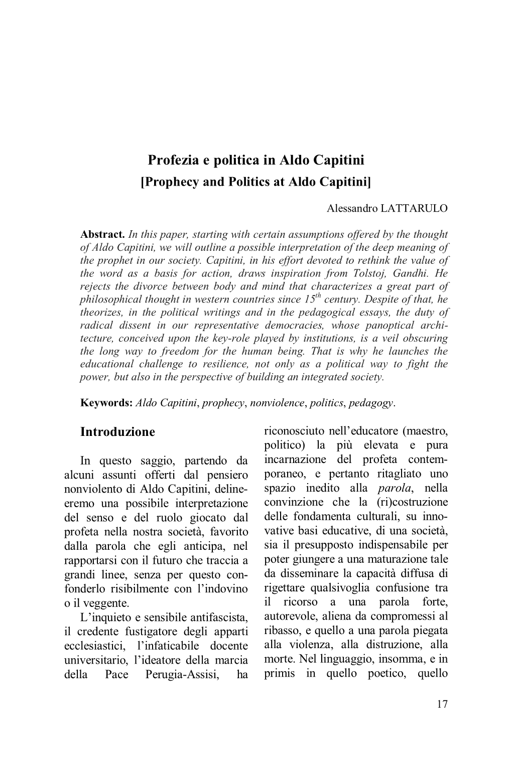Profezia E Politica in Aldo Capitini [Prophecy and Politics at Aldo Capitini]