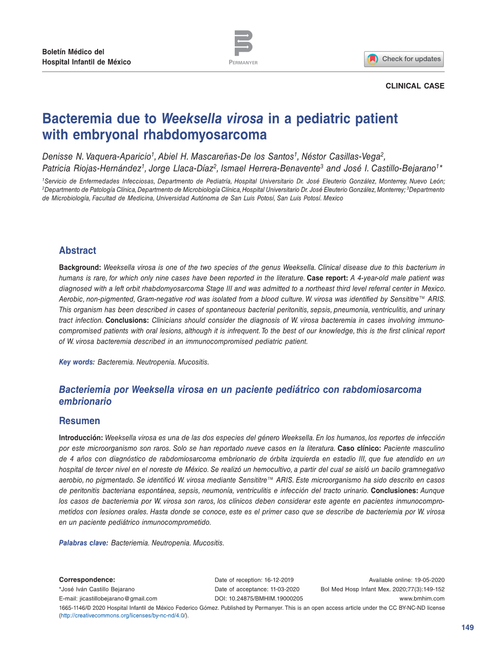 Bacteremia Due to Weeksella Virosa in a Pediatric Patient with Embryonal Rhabdomyosarcoma