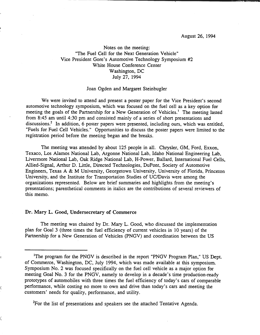 The Fuel Cell for the Next Generation Vehicle" Vice President Gore's Automotive Technology Symposium #2 White House Conference Center Washington, DC July 27, 1994