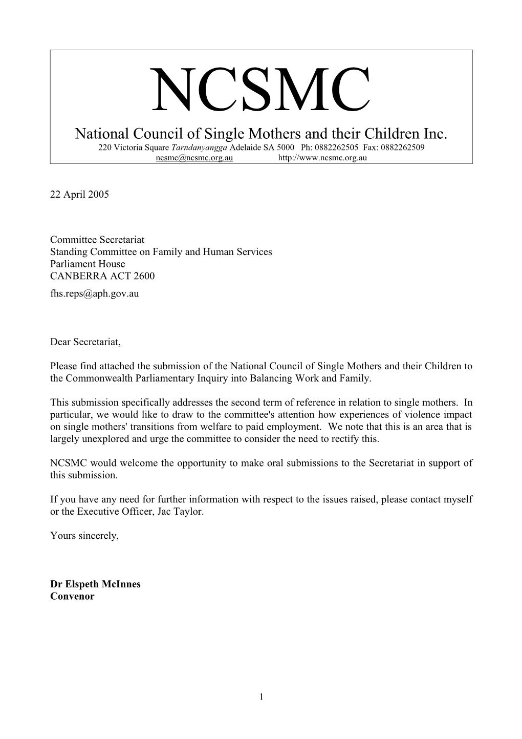 National Council of Single Mothers and Their Children Inc