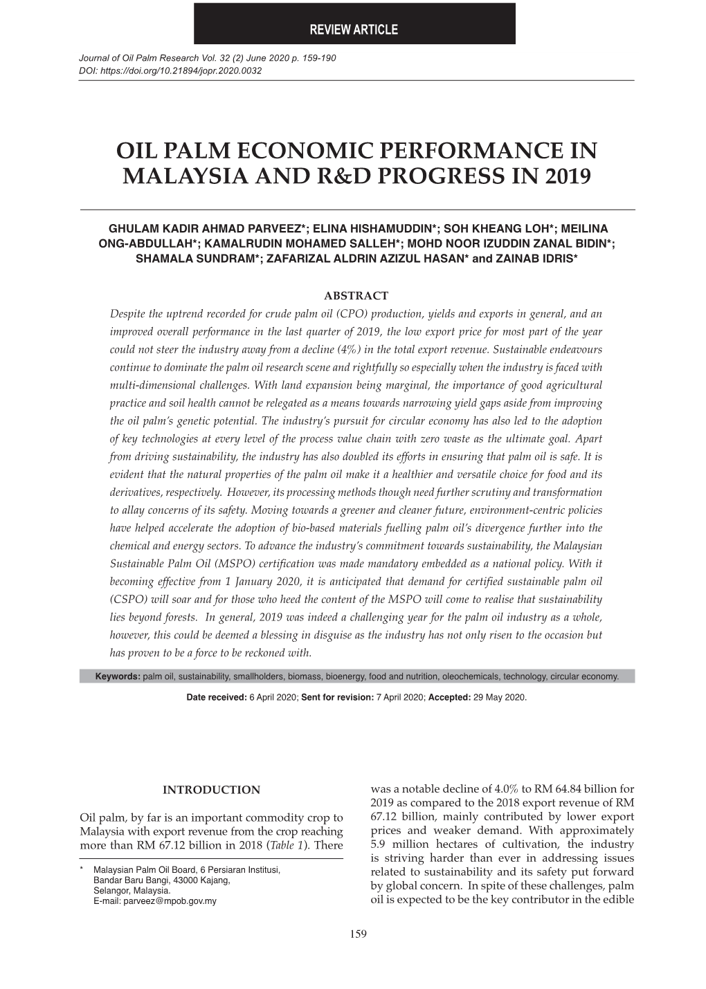Oil Palm Economic Performance in Malaysia and R&D Progress in 2019