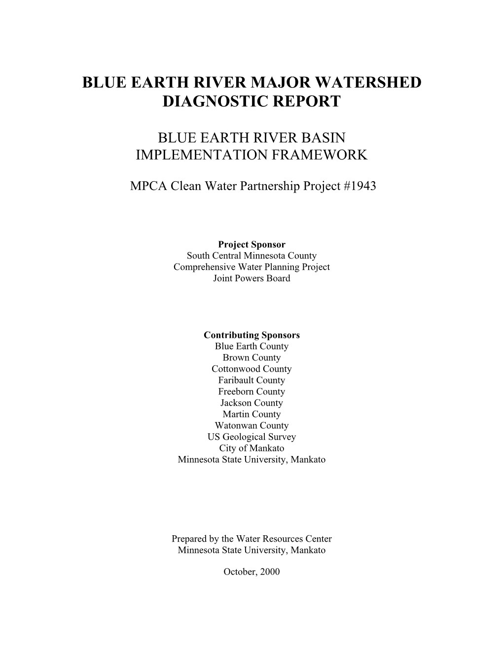 Blue Earth River Major Watershed Diagnostic Report