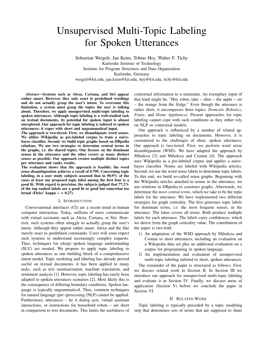 Unsupervised Multi-Topic Labeling for Spoken Utterances