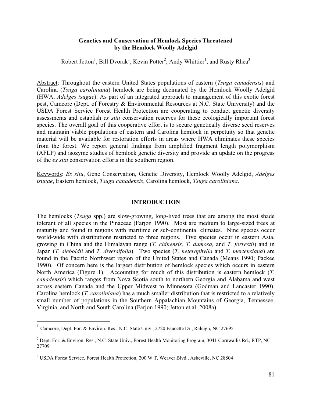 Genetics and Conservation of Hemlock Species Threatened by the Hemlock Woolly Adelgid