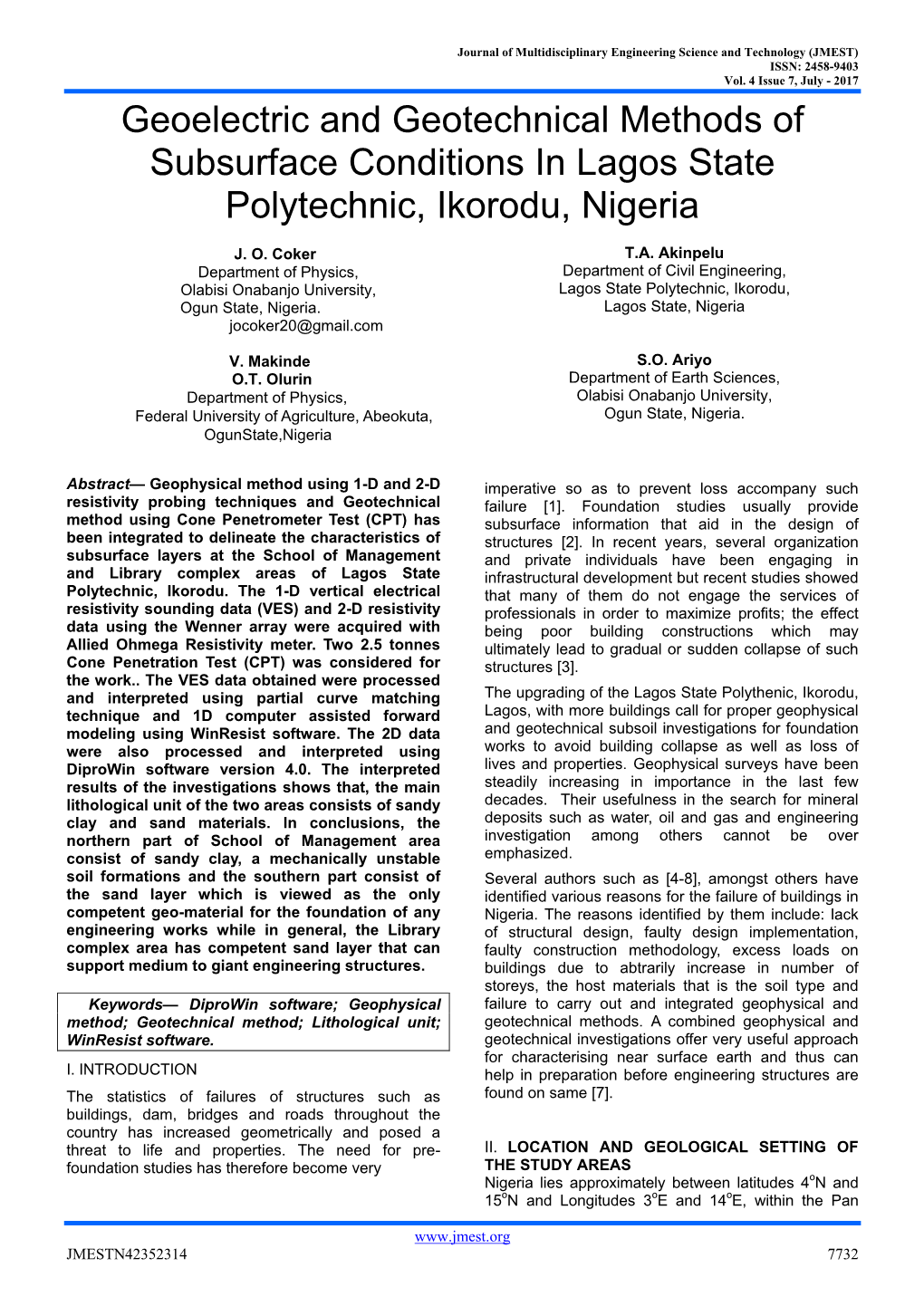 Geoelectric and Geotechnical Methods of Subsurface Conditions in Lagos State Polytechnic, Ikorodu, Nigeria